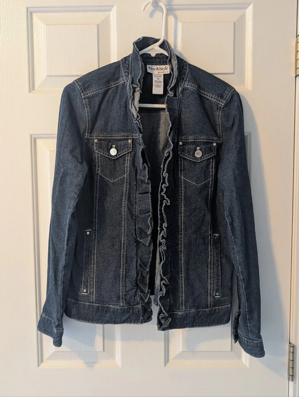 NorthStyle Women's Dark Wash Denim Jacket with Ruffle Front